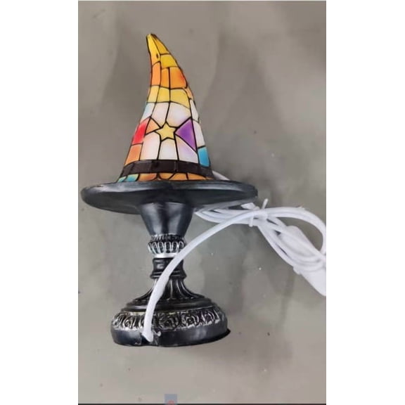 USB Powered Stained Glass Witch Hat Table Night Lamp Vintage Sun Star Pattern Gothic Mini Desk Lamp Warm Glow Bedroom Bookshelf Mantel Halloween Party Decorative Accent Light