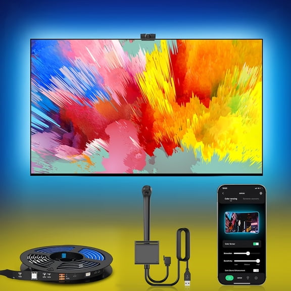USB-Powered TV and Monitor Backlight Strip with Auto Color-Matching Sensor and Music Sync App Control for Immersive Viewing