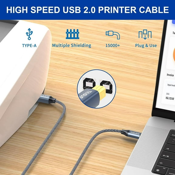 USB Printer Cable 30ft Type A to B High Speed Cord Compatible for Keyboard MacBook Printers and Scanners - Gray