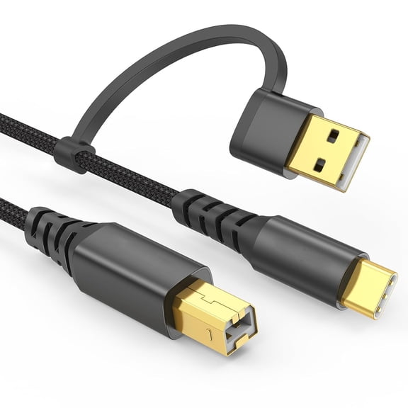 USB Printer Cable, USB B to USB C & USB A, 2-in-1 USB 2.0 MIDI Cable to USB C/A, OTG Cable for MacBook Pro, Midi Controller, Yamaha Casio Digital Piano, Music Instrument, Midi Keyboard