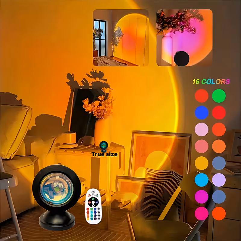 USB RGB Sunset Projection Lamp, 16 Color Changing Dimmable Night Light with Remote Control, LED Desk Mood Light for Christmas Halloween Valentine Gift