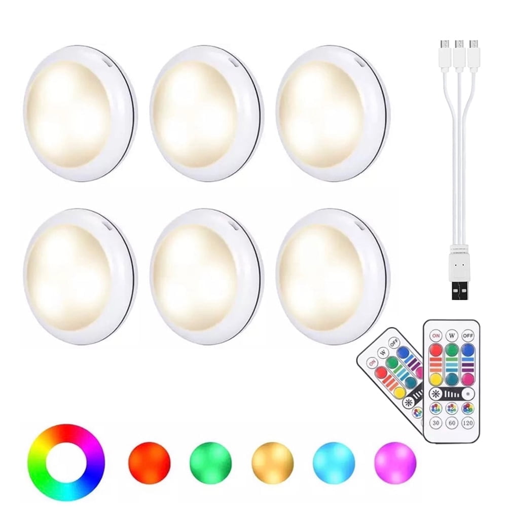 USB RGBW LED Cabinet Light - 16 Colors, Remote Control, Under Shelf Kitchen Lighting - 6 Pack