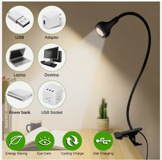 USB Reading Night Light Flexible LED Book Lamp, Clip-On Light for Laptop, Bed, Desk & Study