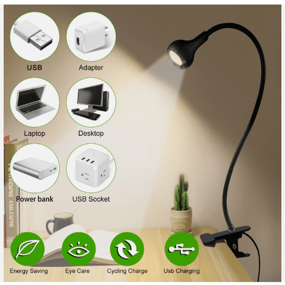 USB Reading Night Light Flexible LED Book Lamp, Clip-On Light for Laptop, Bed, Desk & Study