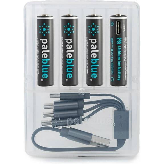 USB Recharable AAA Lithium Batteries, 1 Hour Char Time, Rechar Over 1000 Times, 600 mAh, 4-in-1 USB-A to USB-C Charging Cable, 4 Pack