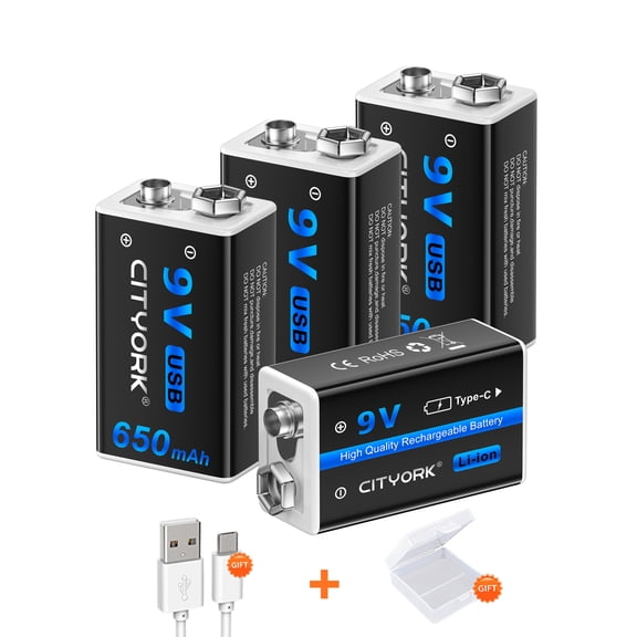 USB Rechargeable 9V Batteries Backup Replacement Square Battery Power Pack 650mAh Doorbell Batteries Microphone Batteries 4 packs