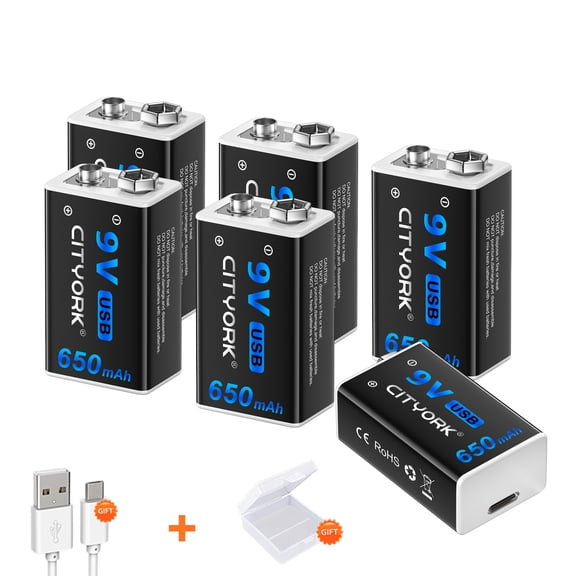 USB Rechargeable 9V Batteries Backup Replacement Square Battery Power Pack 650mAh Doorbell Batteries Microphone Batteries 6 packs