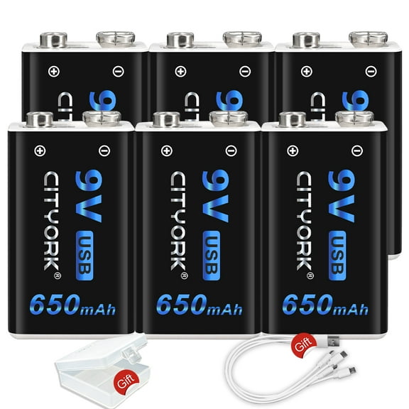 USB Rechargeable 9V Batteries Backup Replacement Square Battery Power Pack 650mAh Doorbell Batteries Microphone Batteries 6 packs