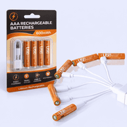 USB Rechargeable AAA Batteries, [4-Pack] - 600 mWh Lithium Ion, LED Charge Indicator, 1.5V, 1000+ Charge Cycles, Includes 4-in-1 USB-A to USB-C Charging Cable, Designed for High-Drain Devices.