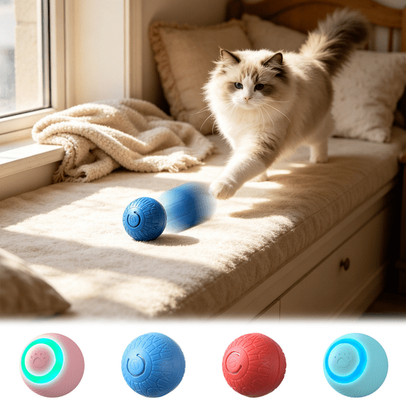USB Rechargeable Automatic Rolling Cat Toy Ball, Smart Moving Ball, Random Gyro Motion Interactive Hunting Toy for Indoor Kittens Adult Cats Relieve Boredom Separation Anxiety Solo Play Supply