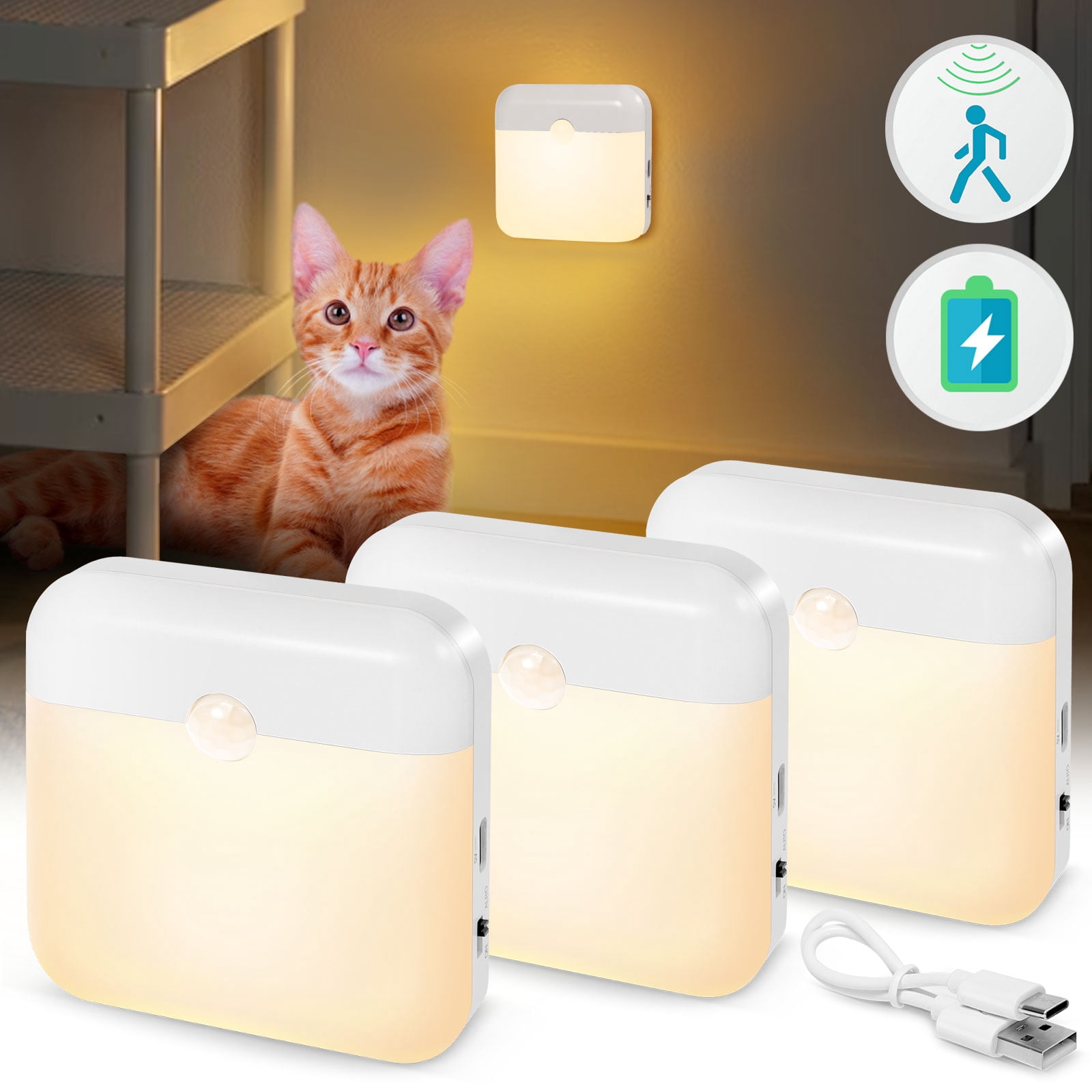 USB Rechargeable Battery Night Light Indoor,Stick-on Motion Sensor Puck ...