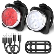 USB Rechargeable Bike Light Set,Super Bright Front Headlight and Rear LED Bicycle Light,650mah Lithium Battery,4 Light Mode Options2 USB cables and 4 Strap Included