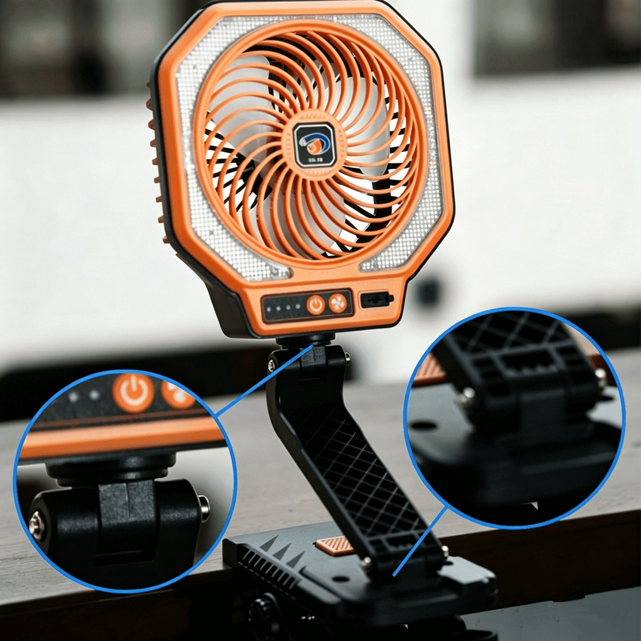 USB Rechargeable Camping Fan Portable Outdoor Foldable 3 Levels Tent Fan W/ LED Light