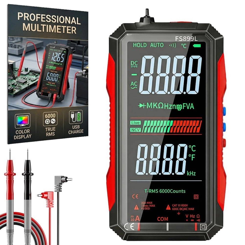 USB Rechargeable Digital Multimeter, 6000 Counts True Rms Tester with Color Screen, Fs899l Auto-Ranging for Home/Industrial/Car Electrical Testing, Measures Voltage Current Resistance