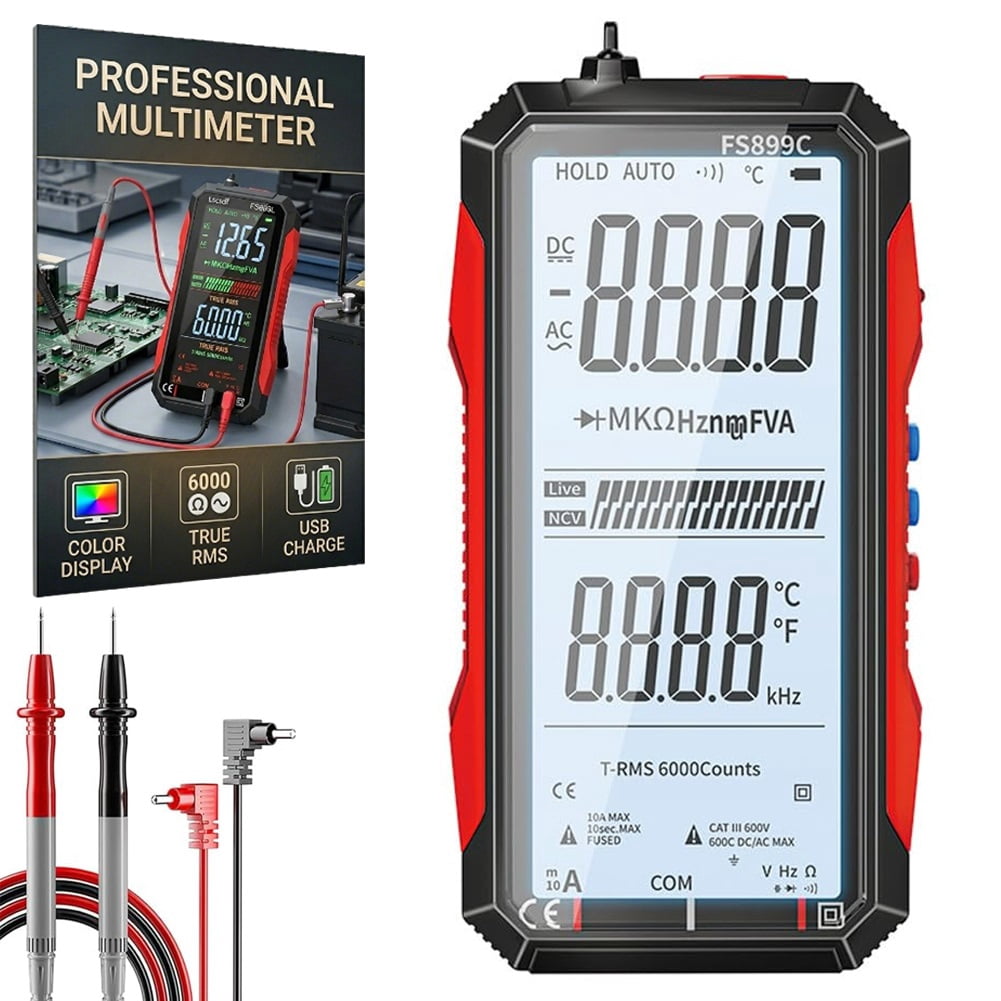 USB Rechargeable Digital Multimeter, 6000 Counts True Rms Tester with Color Screen, Fs899l Auto-Ranging for Home/Industrial/Car Electrical Testing, Measures Voltage Current Resistance