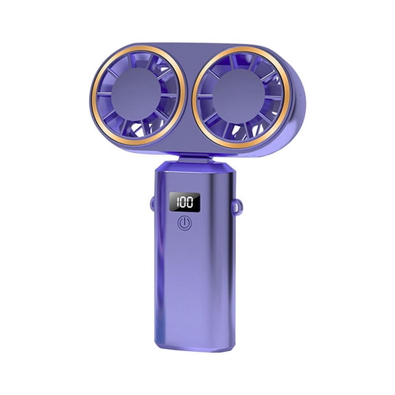 USB Rechargeable Dual- Fan 2400mAh Handheld Fan Hanging Neck Fan Folding Desktop with Digital Display Fan,Blue