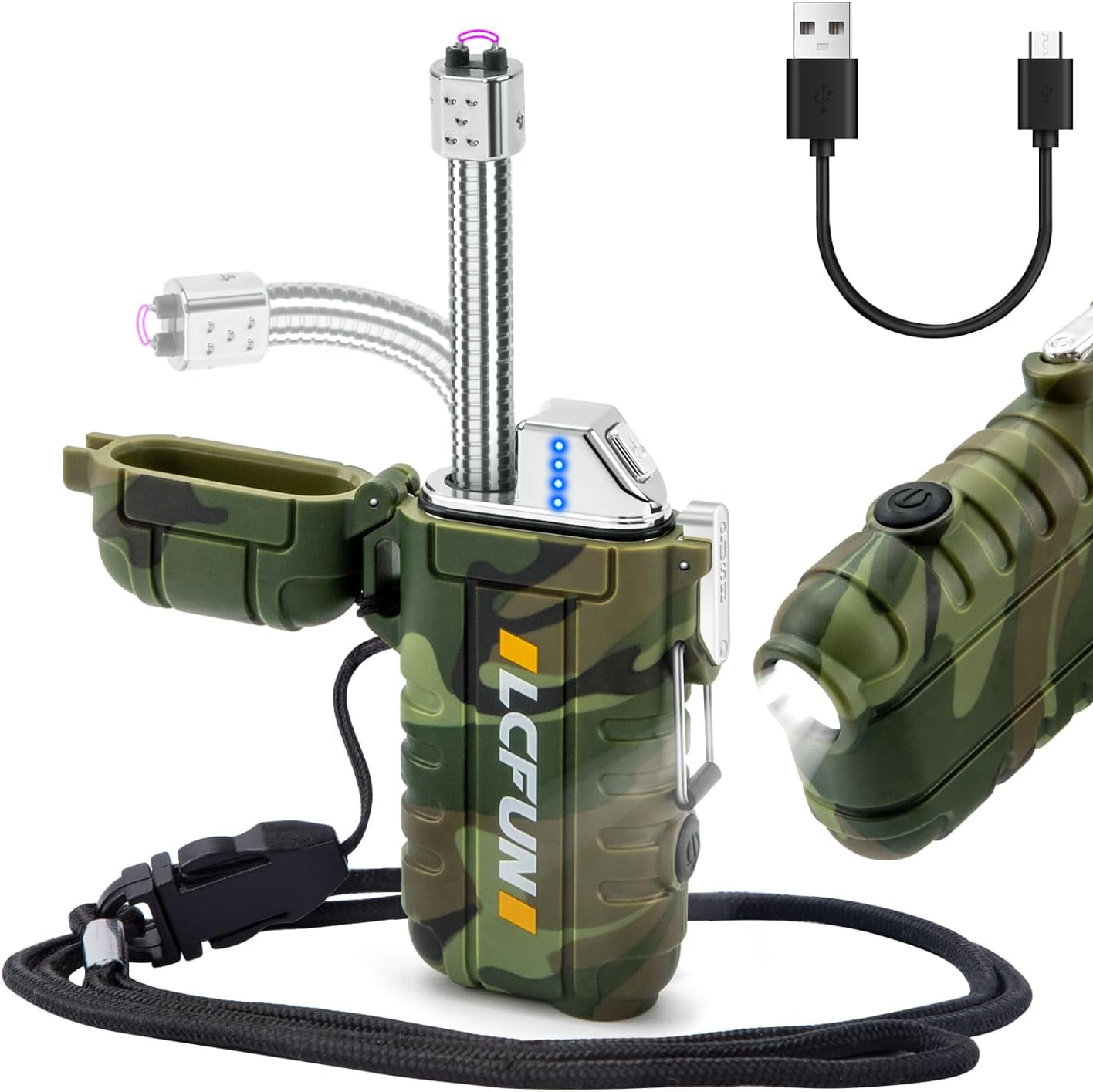USB Rechargeable Electric Arc Lighters Windproof Plasma Lighter with LED Battery Display, Waterproof Matches with Flashlight for Camping, Survival Tactical Gear