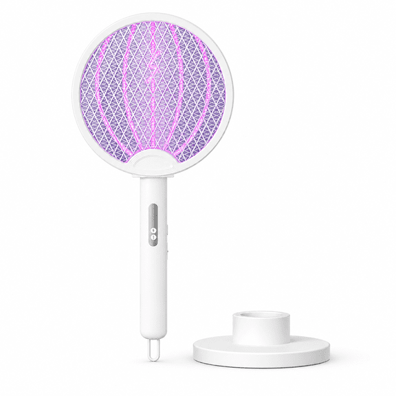 USB Rechargeable Electric Mosquito Swatter Racket, 43 x 18.5 cm 2-in-1 Violet Light Bug Zapper with Protective Mesh, Handheld or Standing Use for Home, Bedroom, Kitchen, Patio