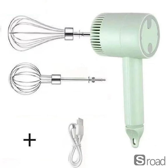 USB Rechargeable Handheld Electric Mixer, 3-Speed Wireless Egg Beater With 2 Attachments (Whisk & Chopper), Portable Milk Frother For Baking, Cooking, Whipping Cream, Dough, Garlic,GREEN-A