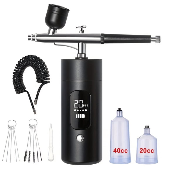 USB Rechargeable Handheld Spray Gun Kit with Digital Display - 0.3mm Nozzle, Portable Compressor for Painting, Nail Art, Hairdressing-Black