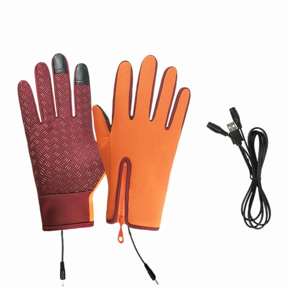 USB Rechargeable Heated Gloves for Winter, Thermal Outdoor Sports Gloves with Touchscreen, Waterproof Anti-Slip Skiing and Riding Gloves, Electric Warming Gloves for Cold Weather Orange