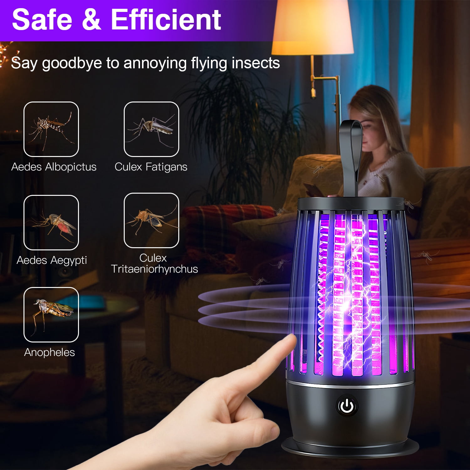 USB Rechargeable Insect Zapper Lamp 3000V Electric Bug Zapper Mosquito Trap with 365nm UV Light Night Light Hanging Strap 1615 Sq Ft Coverage for Indoor Outdoor Patio Garage Camping Tent