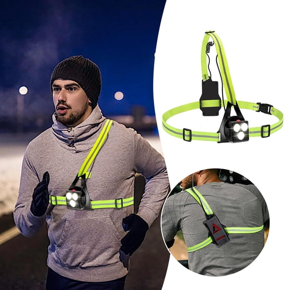 USB Rechargeable LED Chest Running Light, 90 Adjustable Front Beam with Rear Red Warning Lamp, Hi-Vis Reflective Strap Waterproof Lightweight Torch for Jogging Hiking Dog Walking Night Outdoor