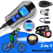 USB Rechargeable LED Cycle Bike Headlight + Rear Light Horn Speedometer Odometer