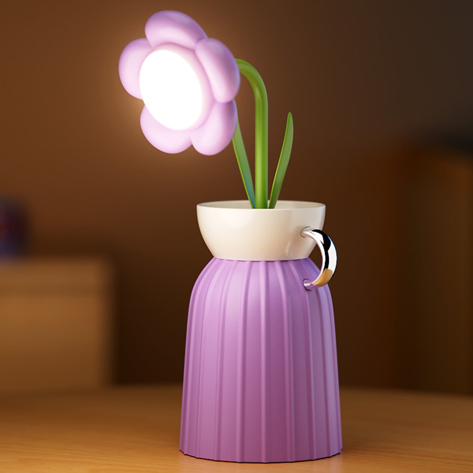 USB Rechargeable LED Desk Lamp with Flexible Gooseneck, 3 Color Modes & Stepless Dimming, Modern Flower Vase Design for Home Office Decor, Bedroom Nightstand, Reading Light