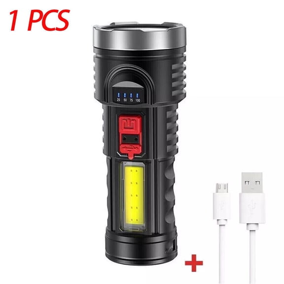 USB Rechargeable LED Flashlight, 4 Modes COB Side Light Handheld Torch with Power Indicator, 1200mAh Portable Work Light for Camping Hiking Emergency Outdoor Use