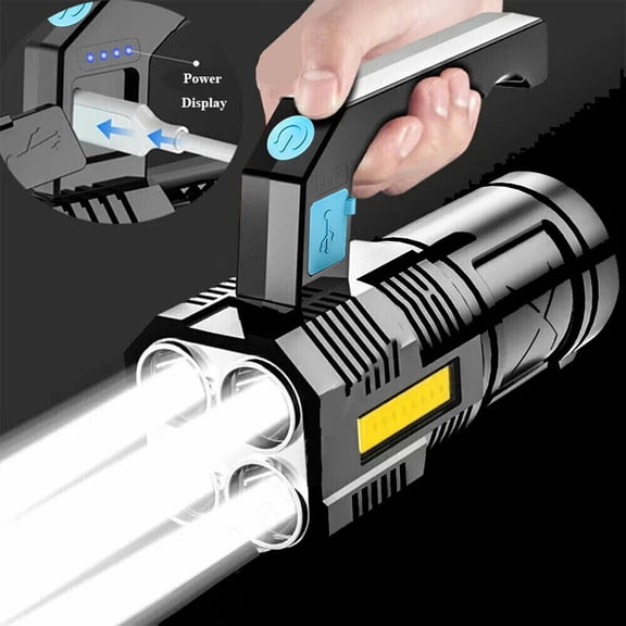 USB Rechargeable LED Flashlight, 4 Modes Handheld Spotlight Searchlight Work Light, IP44 Waterproof for Camping Hiking Outdoor