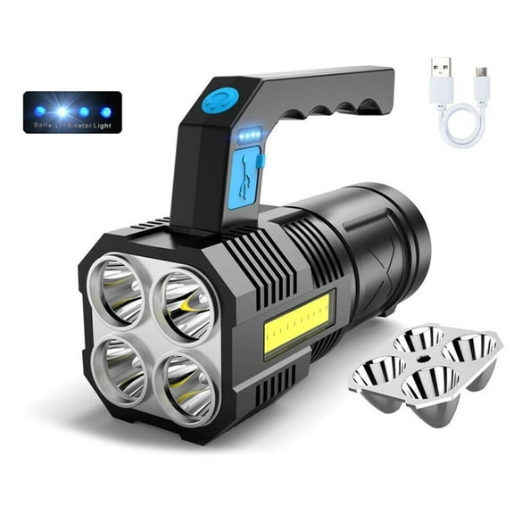 USB Rechargeable LED Flashlight 4-Modes LED Torch With Side Light High Lumens Spotlight With Handle Handheld Super Bright Flash Light for Outdoor Camping Home Emergency