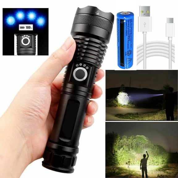 USB Rechargeable LED Flashlight, 5 Modes Zoomable Handheld Flashlight, Waterproof Drop-proof Aluminum Alloy Flashlight with 18650 Battery & AAA Holder for Camping Hiking Outdoor Emergency Survival