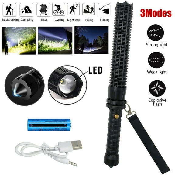 USB Rechargeable LED Flashlight with Emergency Safety Hammer, 3-Mode Zoomable Retractable Torch, 18650 Battery Included, Aluminum Alloy Water Resistant Light for Camping, Car Emergency, Outdoor