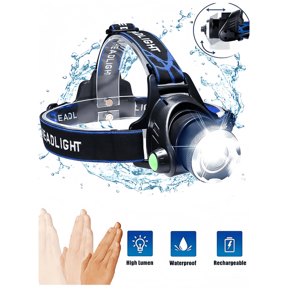USB Rechargeable LED Headlamp, Motion Sensor Hands-Free, 3 Modes (High/Low/SOS), 90 Adjustable, IPX4 Waterproof, 300m Beam, Black