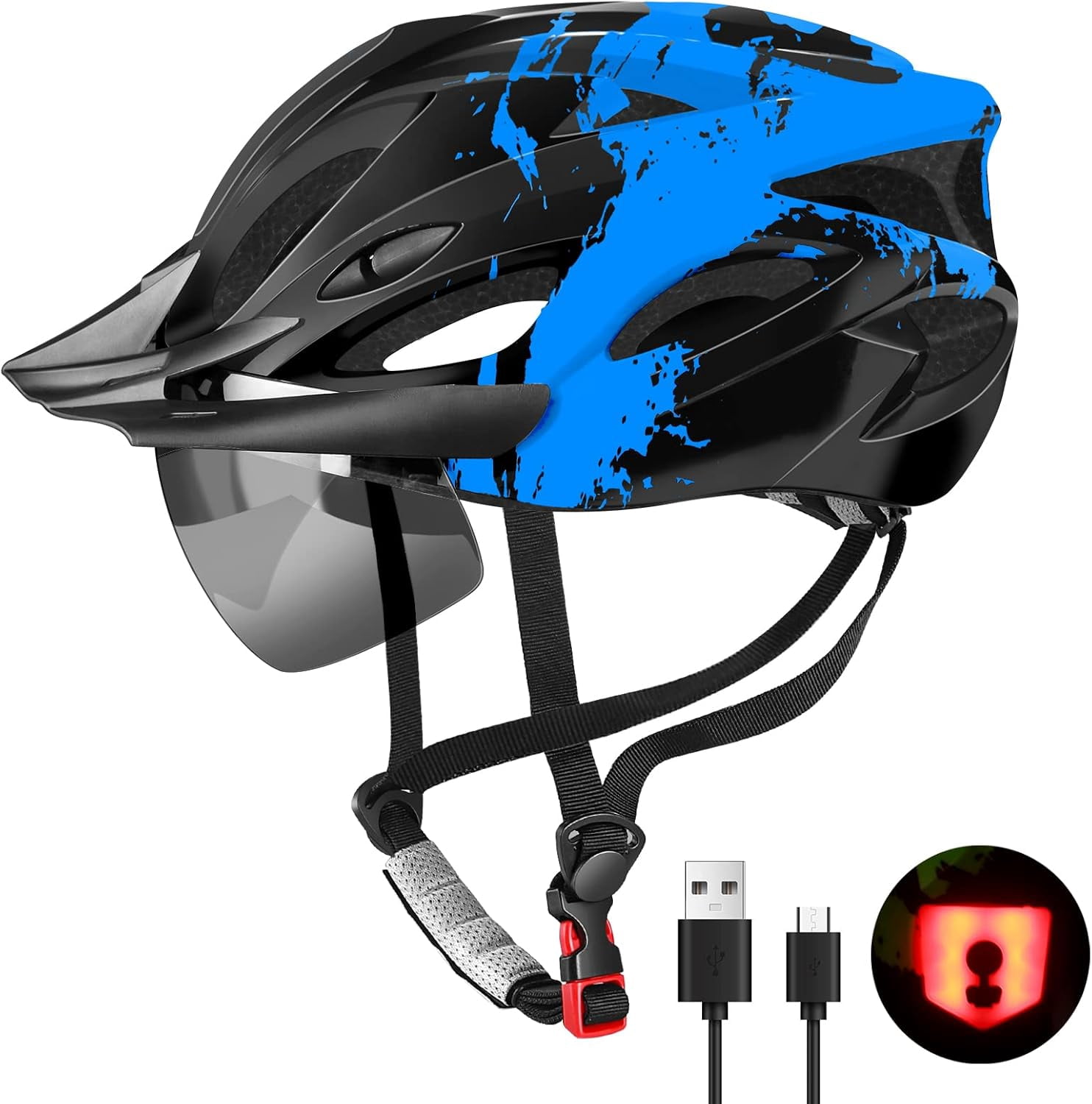 USB Rechargeable LED Light Cycling Helmet with Detachable Goggles and Sun Visor for Mountain & Road Biking