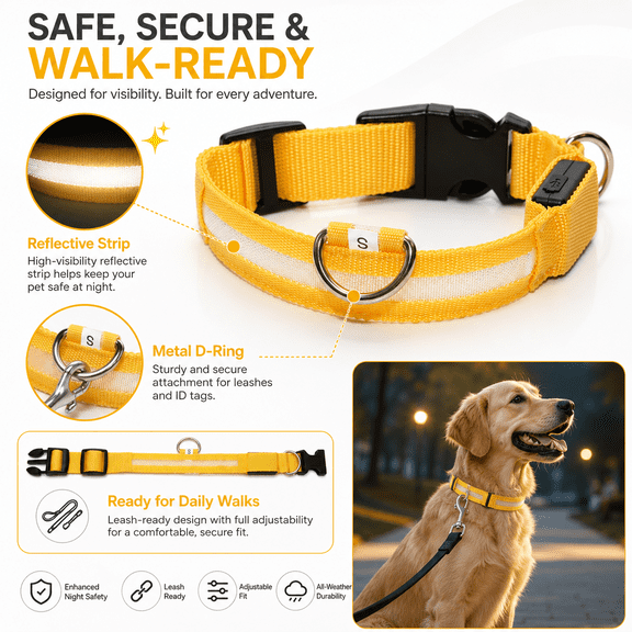 USB Rechargeable LED Pet Collar, Adjustable Light Up Dog and Cat Collar, Multi-Color Glow Collar for Night Walking, Outdoor Safety, Running, Camping and Daily Pet Use