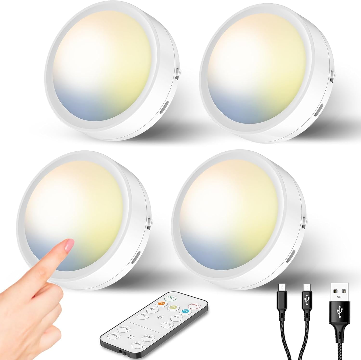 Thundoo Rechargeable Puck Lights with Remote, 1600mAh Battery Operated ...