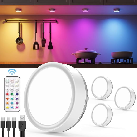 RGB USB Rechargeable LED Puck Lights with Remote, 2400mAh Battery Operated Stick on Magnetic Push Tap Light for Closet Shelf Wireless Kitchen Counter Under Cabinet Lighting Touch Night Light Indoor