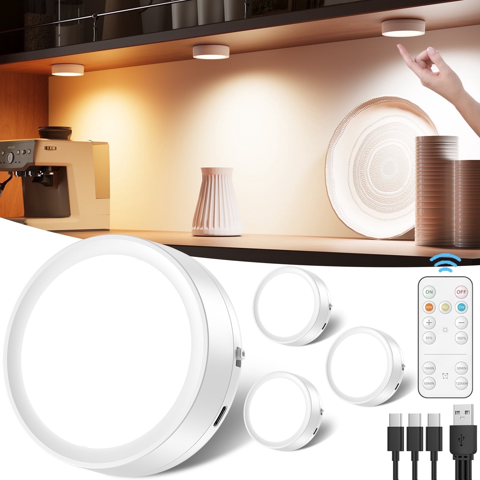 Puck Lights With Remote & Timer - Battery Operated LED Under Cabinet Lights, RGB Color Changing, Dimmable Stick-On Lights, 4 Pack White