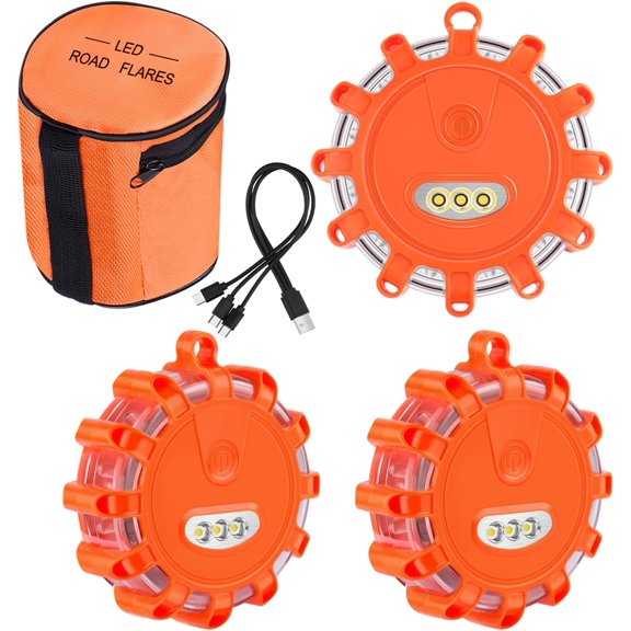 USB Rechargeable LED Road Flares Emergency Lights with Magnetic Base, 9 Strobe Options Roadside Emergency Warning Car Safety Beacon Flashing Disc Flare Kit for Vehicles & Boat (Orange Lights, 3 Pack)