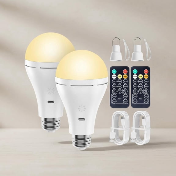 USB Rechargeable Light Bulb with Remote and Timer, Battery Emergency Light Bulbs, Hanging LED Light Bulb with Hook, 700LM, 6000K, 2 Pack