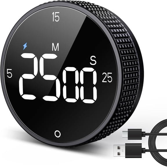 USB Rechargeable Magnetic Kitchen Timer for Cooking, Building 800mAh Battery Large Display Digital Countdown Countup Timer, 3 Preset 5/15/25 Mins Loud Alarm for Baking Grilling Studying