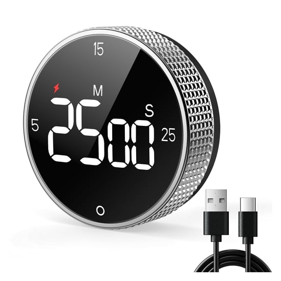 USB Rechargeable Magnetic Kitchen Timer for Cooking, Building 800mAh Battery Large Display Digital Countdown Timer, 3 Preset 5/15/25 Mins Loud Alarm for Baking Grilling Studying - Silver