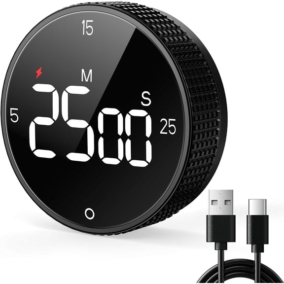 USB Rechargeable Magnetic Kitchen Timer for Cooking, Building Large Display Digital Countdown Countup Timer, 3 Preset 5/15/25 Mins Loud Alarm for Baking Grilling Studying