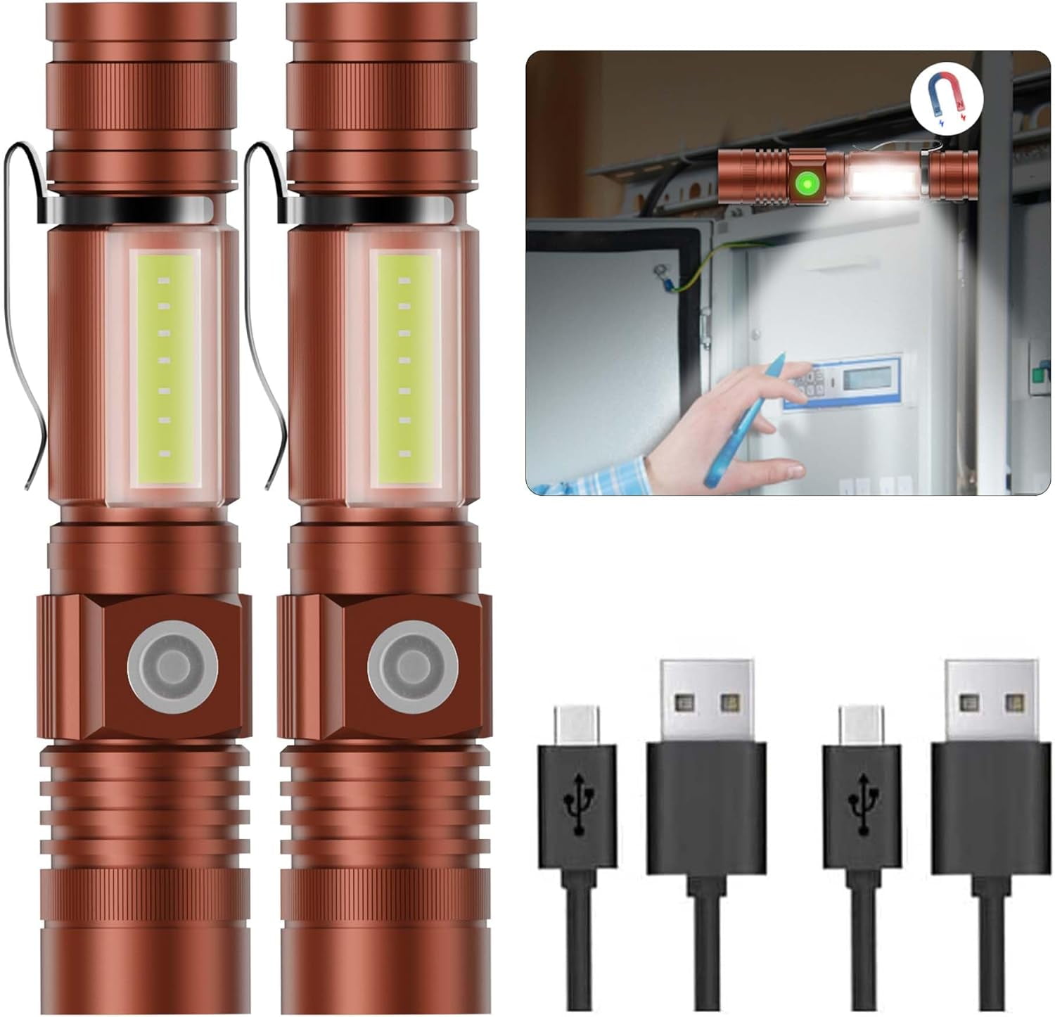 USB Rechargeable Magnetic LED Flashlight – Super Bright, Waterproof, Zoomable, with COB Side Light for Camping & Emergencies (Brown)