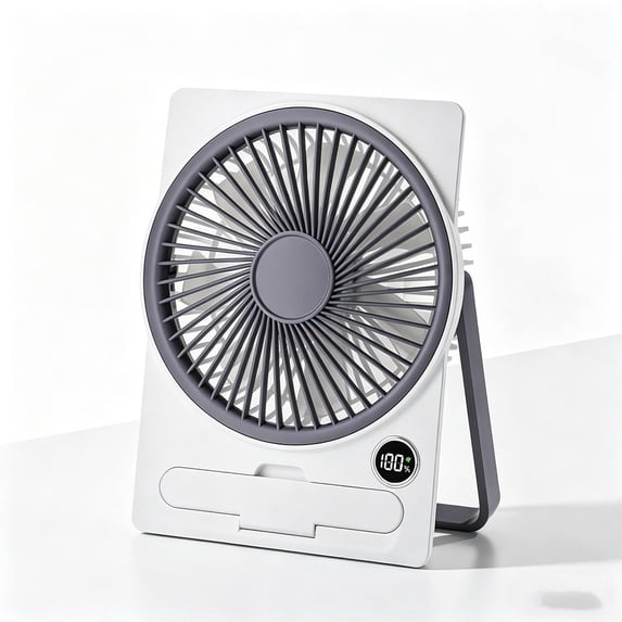 USB Rechargeable Mini Desktop Fan with LCD Display, 6 Speeds, Quiet Airflow, 180° Pivoting Head, and Phone Stand - Slim Portable Design for Office, Home, and Travel,White