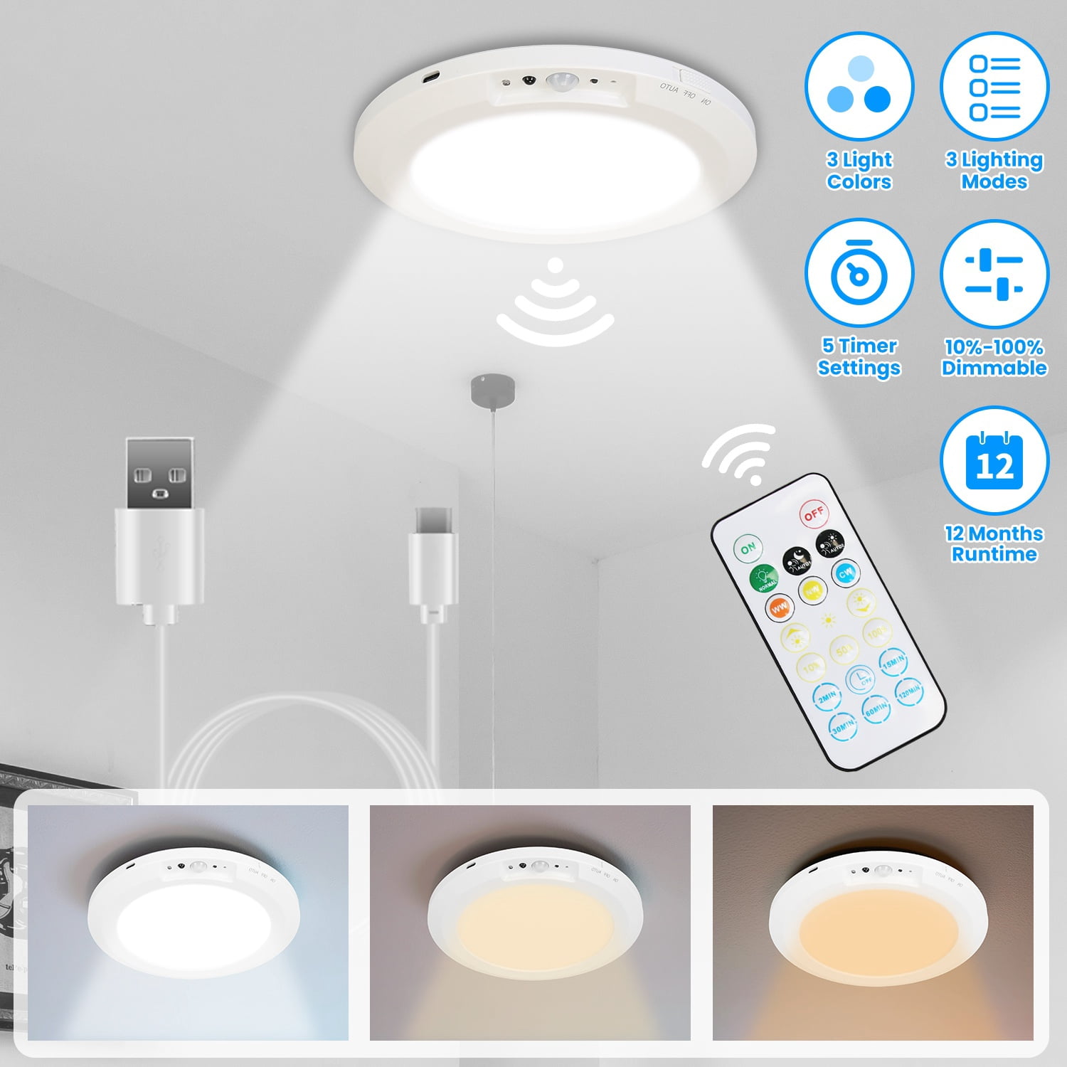 USB Rechargeable Motion Sensor Ceiling Light, Magnetic Mount LED Closet Light 3 Color Temp 4 Brightness 5 Timer PIR Sensor with Remote for Hallway Pantry Stairs