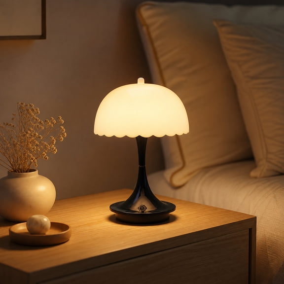 USB Rechargeable Mushroom Table Lamp, Luxury Scalloped Shade LED Ambient Night Light, Modern Minimalist Decor Lamp for Bedroom Bedside Desk Living Room Ornament