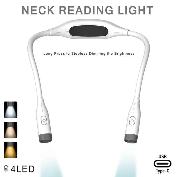 USB Rechargeable Neck Reading Light, Eye Caring 3 Colors, Dimmable Brightness, Bendable Arms
